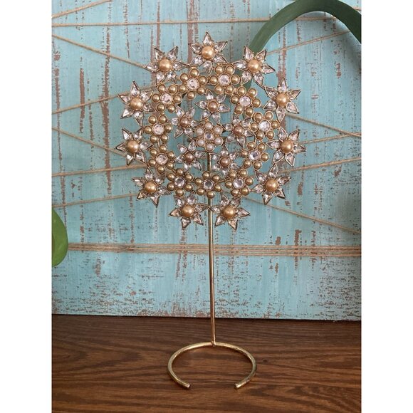 Pottery Barn Jeweled Snowflake Christmas Tree Topper White Yellow Pearl Goldtone - Picture 3 of 12
